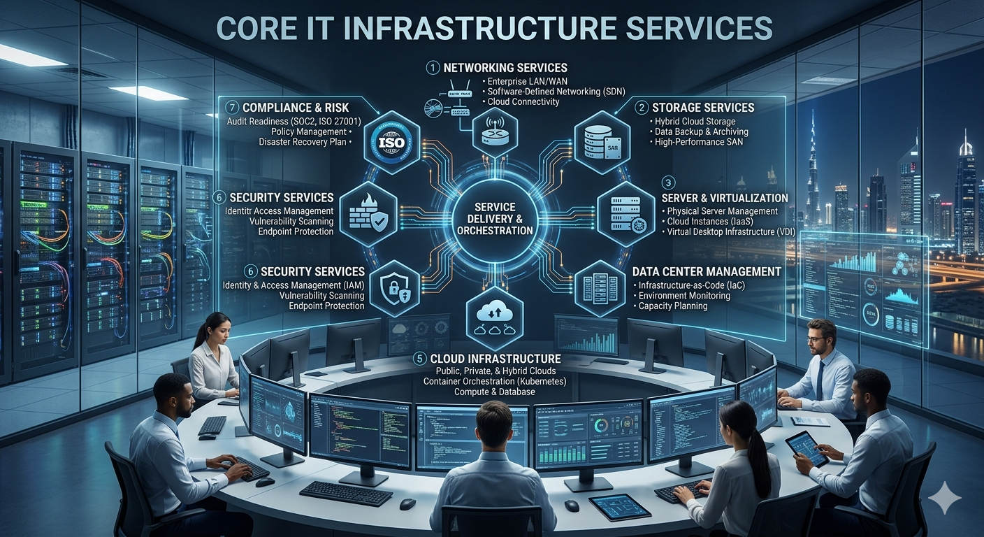 Core IT Infrastructure Services diagram showing networking, storage, virtualization, cloud, security, and compliance services orbiting a central Service Delivery hub