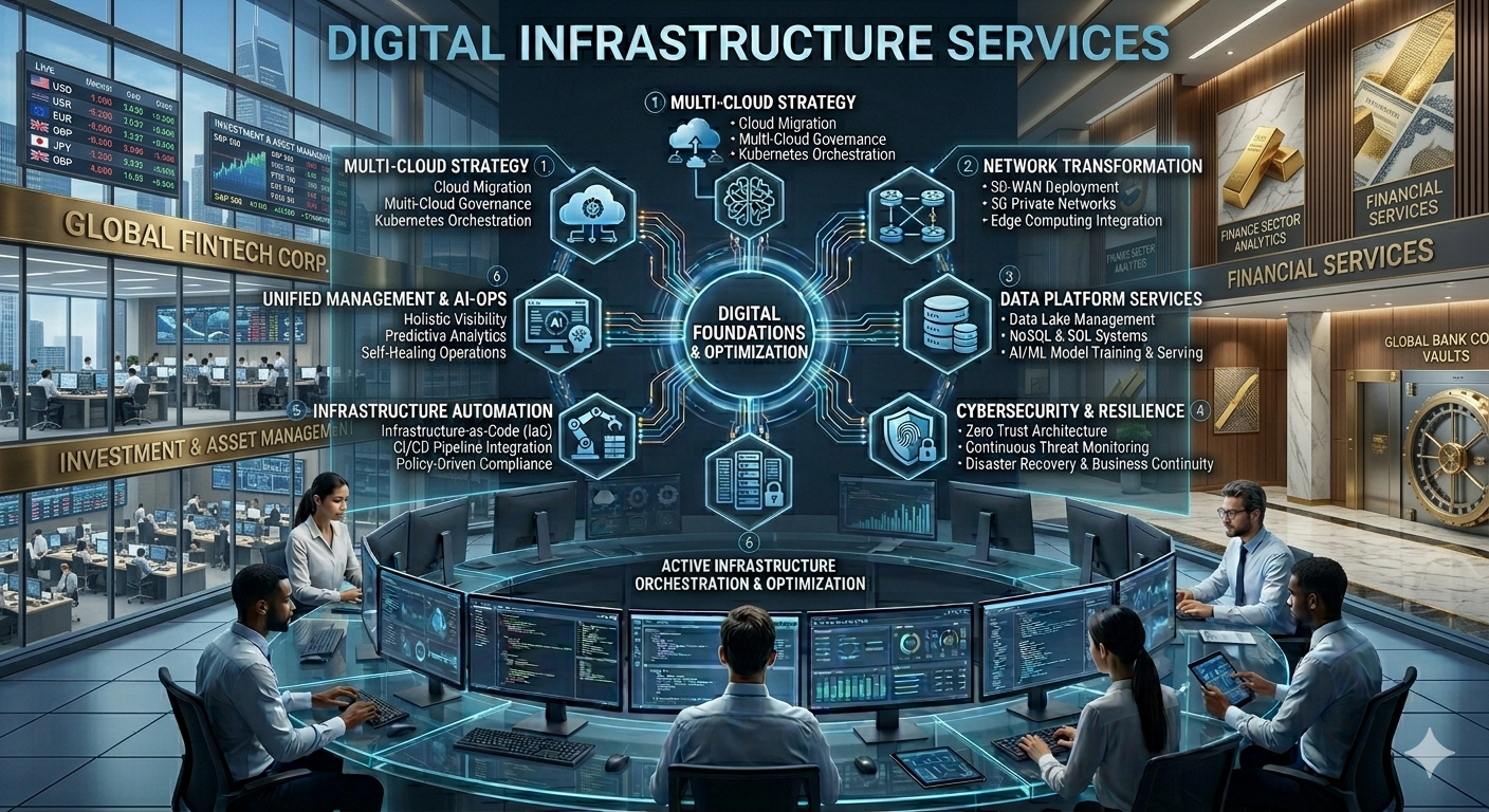 Digital Infrastructure Services for global fintech, financial services, and banking — showing multi-cloud strategy, network transformation, data platforms, cybersecurity, automation, and AIOps